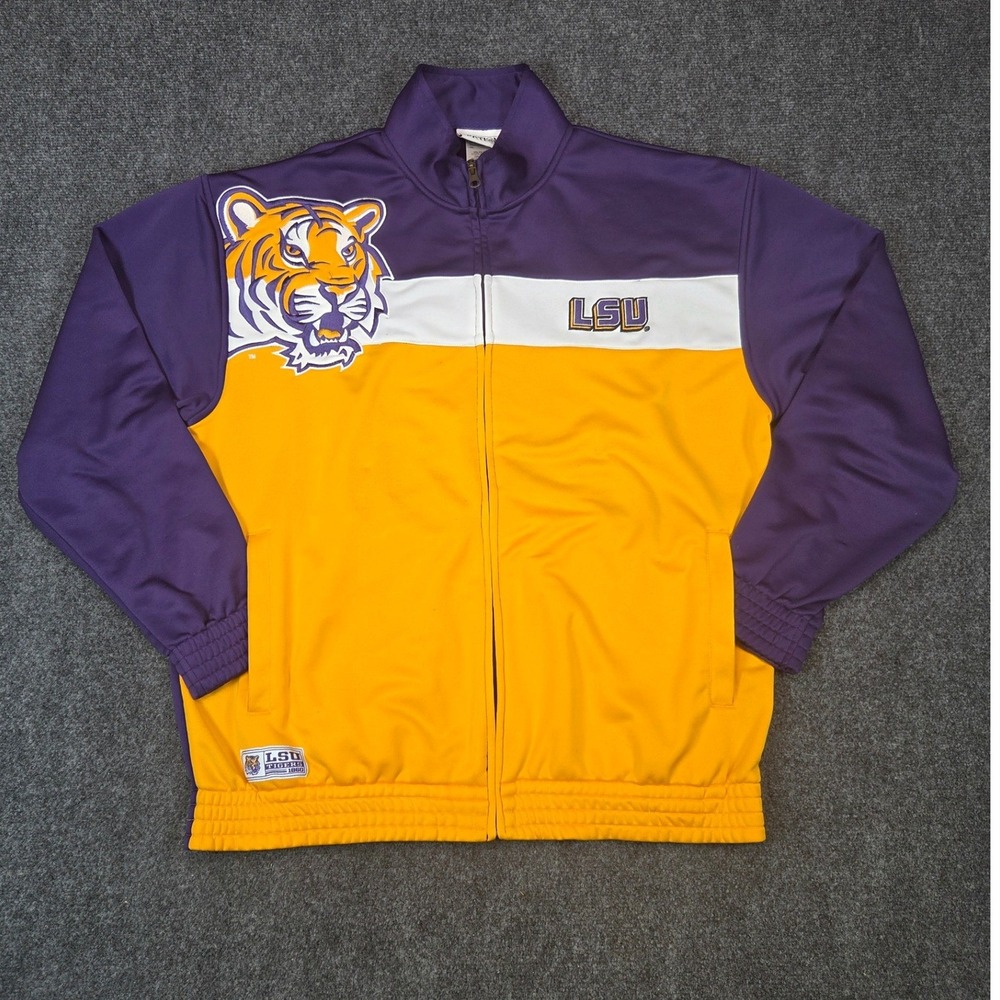 Majestic LSU Tigers Track Jacket Mens Large Purple Gold Full Zip Section 101